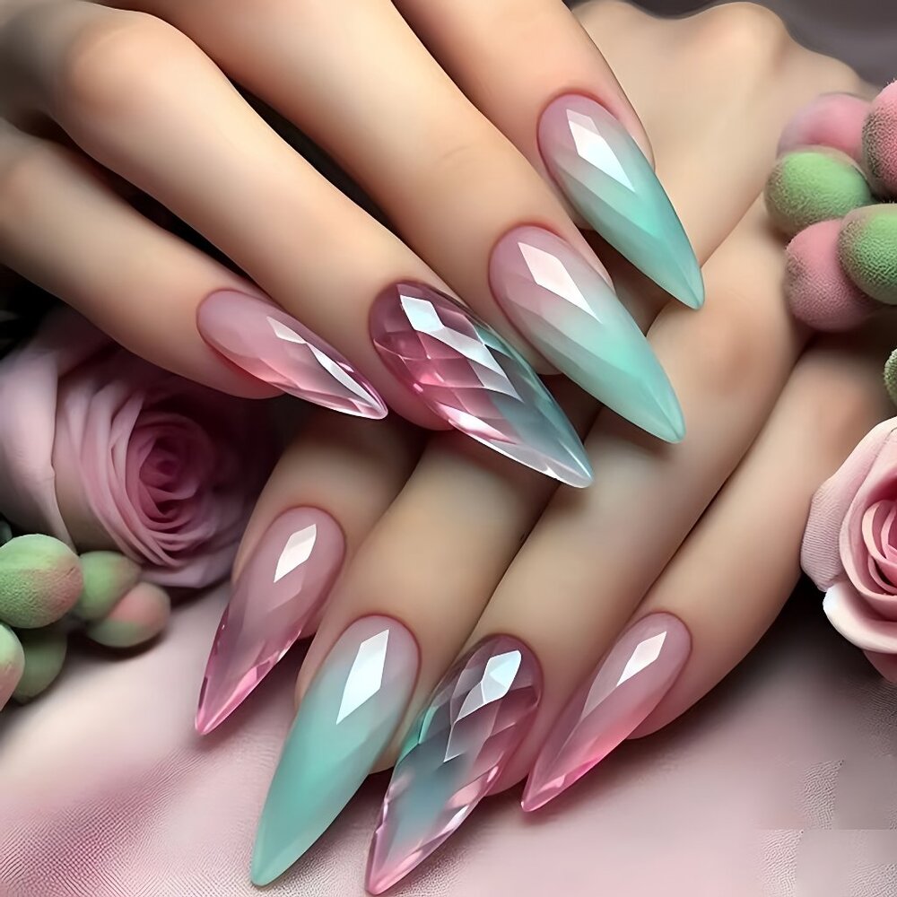24pcs Almond Shaped Mixed Color Gradient Cat Eye False Nails Set
